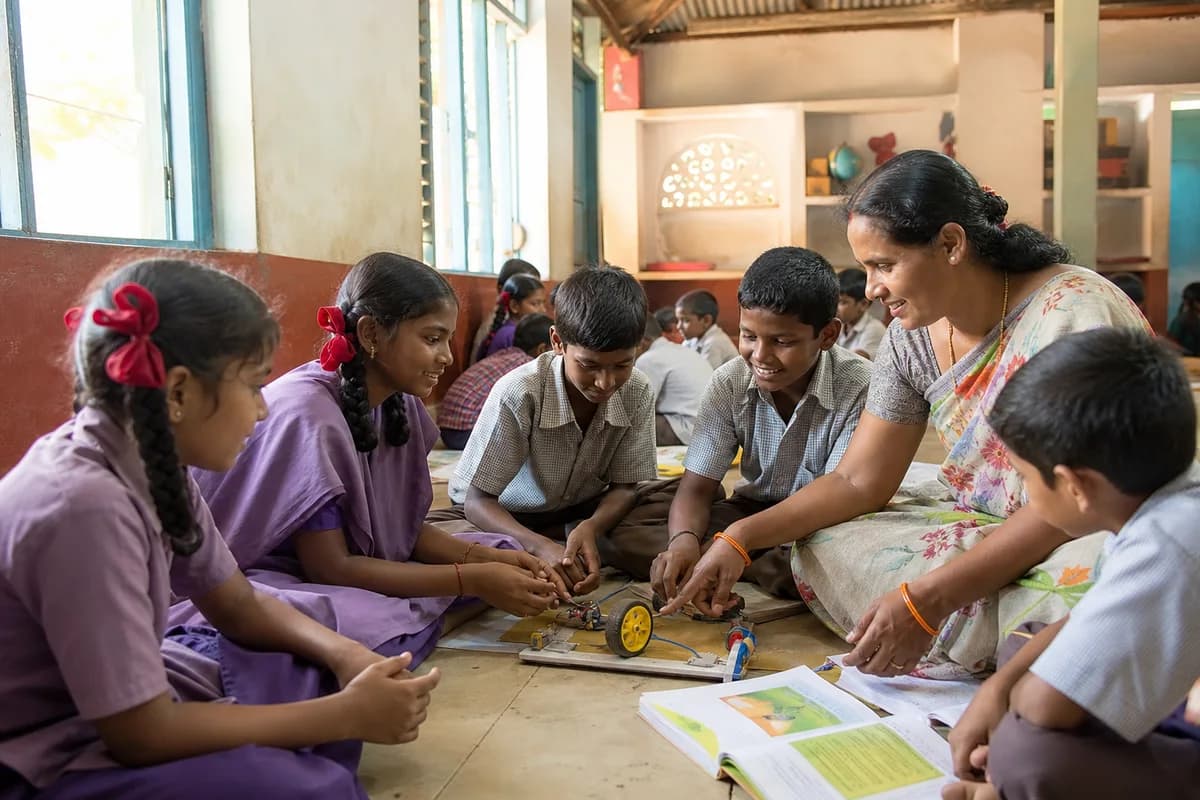 A teacher and children building a learning model together in a classroom.