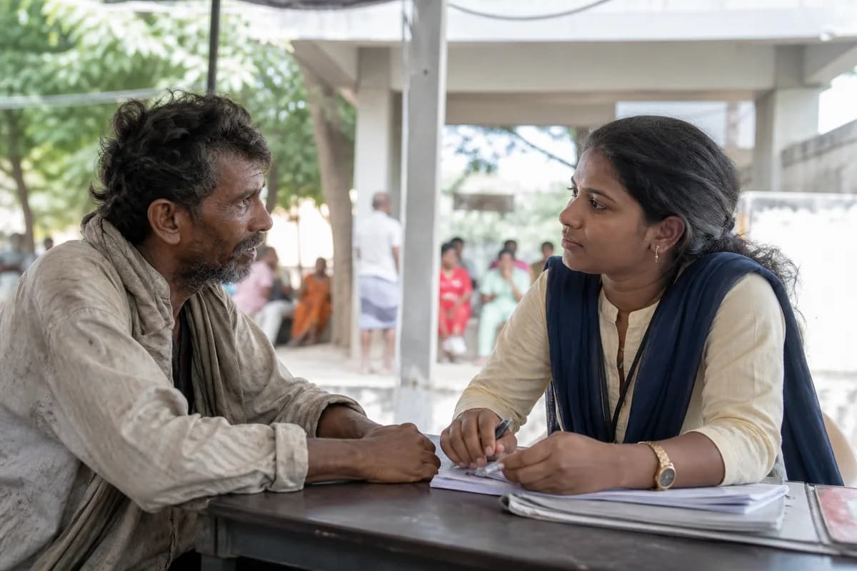 A community outreach worker listening to a seated man at equal eye level.