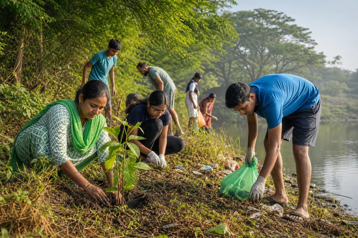 Community volunteers planting a sapling and caring for a lakeside green space.