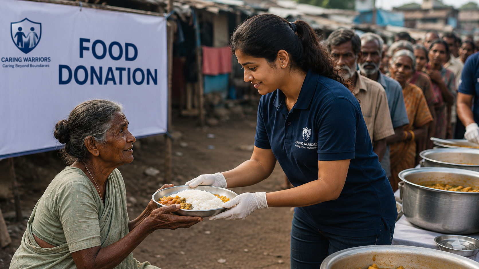 A volunteer serving a freshly prepared meal with dignity.